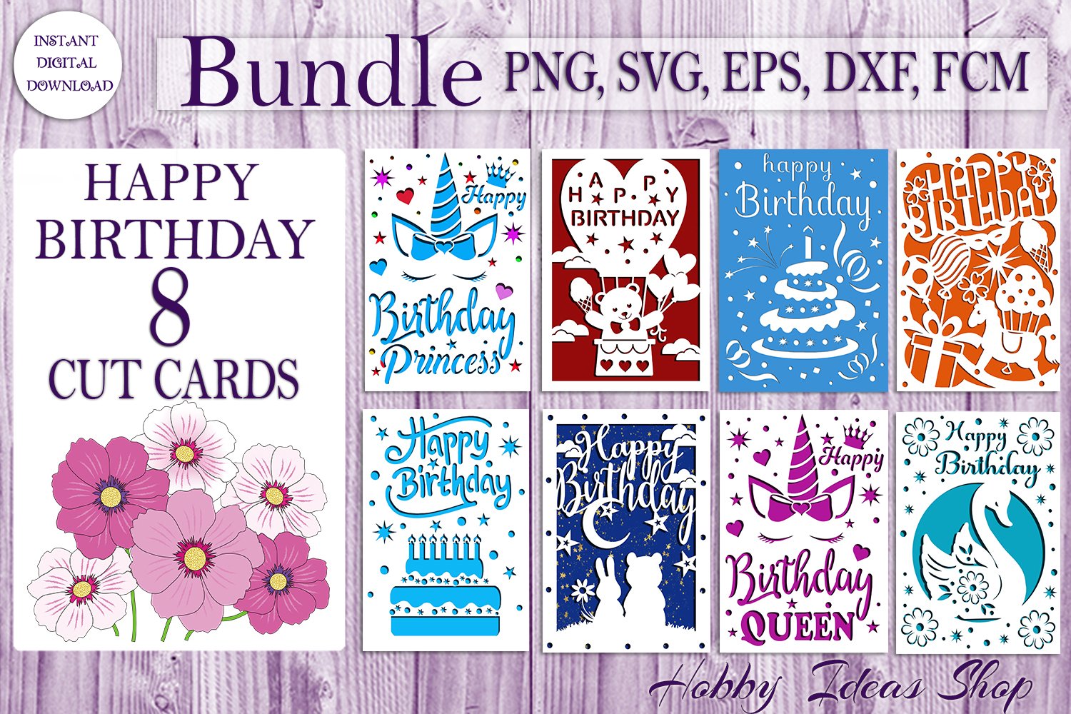 Happy Birthday Card Bundle, 8 Birthday Cards SVG for Cricut