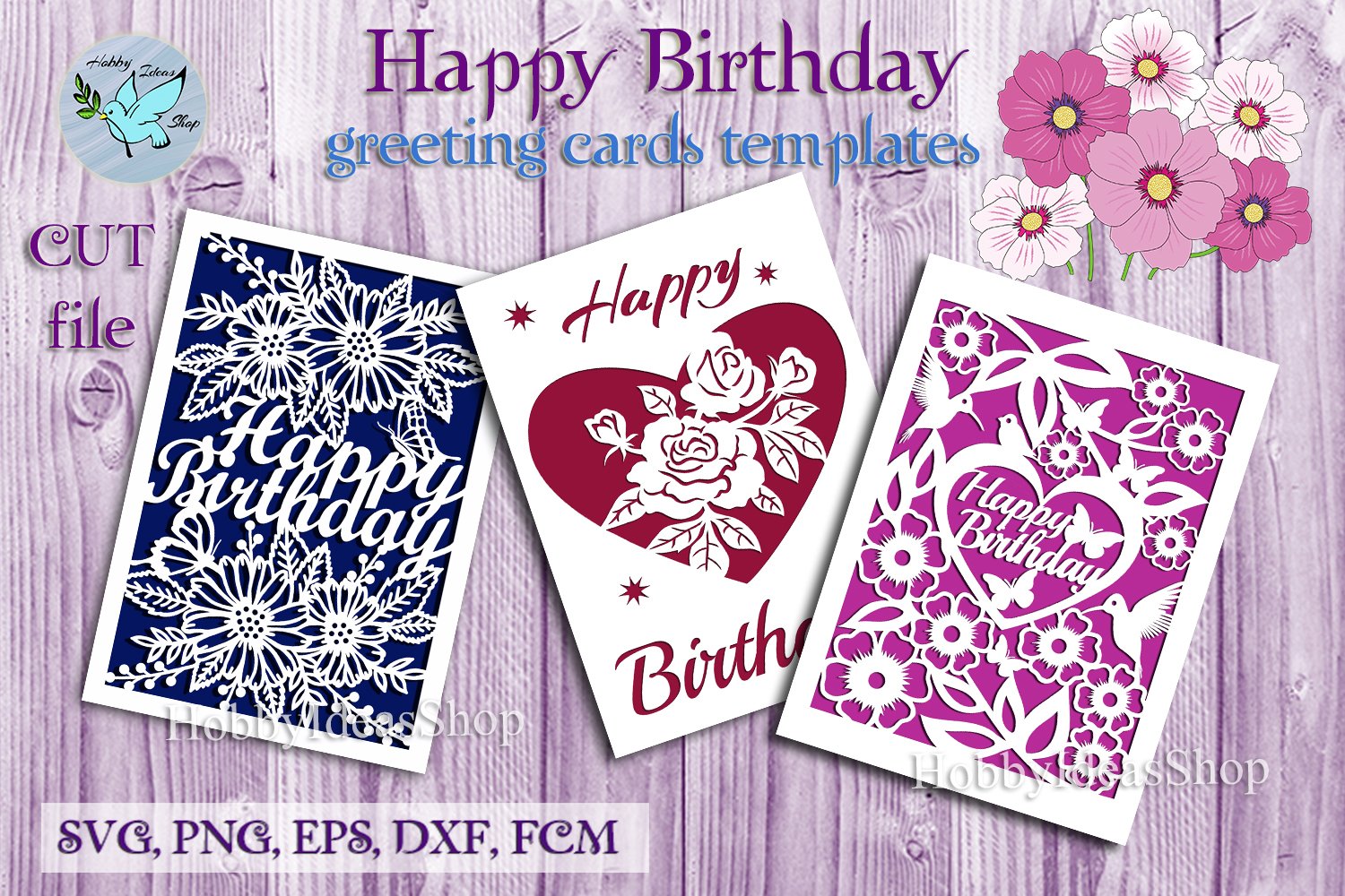 Happy Birthday Cards SVG, 3 Birthday Cards Templates SVG