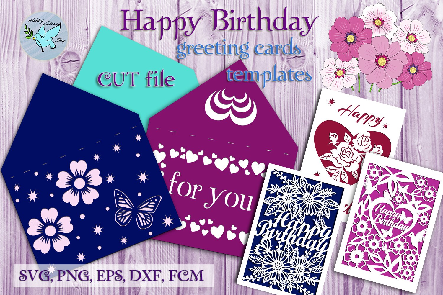 Happy Birthday Cards SVG, 3 Birthday Cards Templates SVG view 2