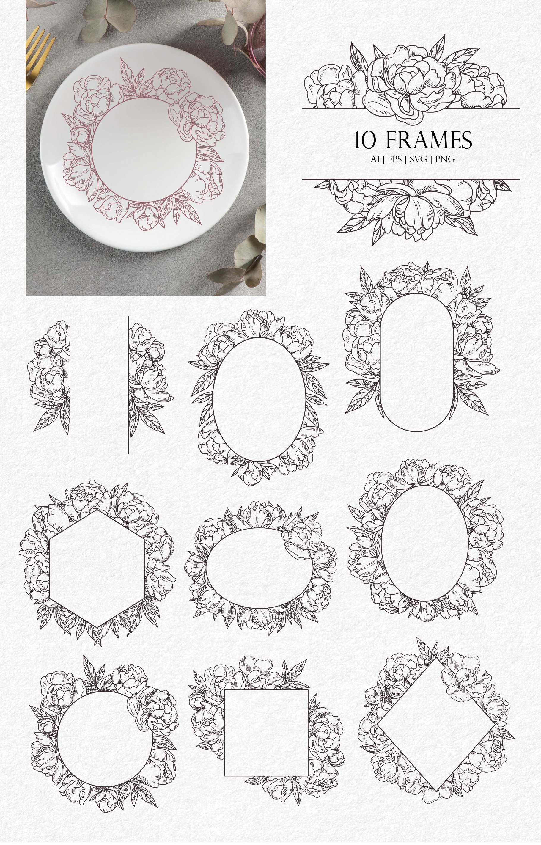 Peony Svg files for cricut. Flower line art view 2