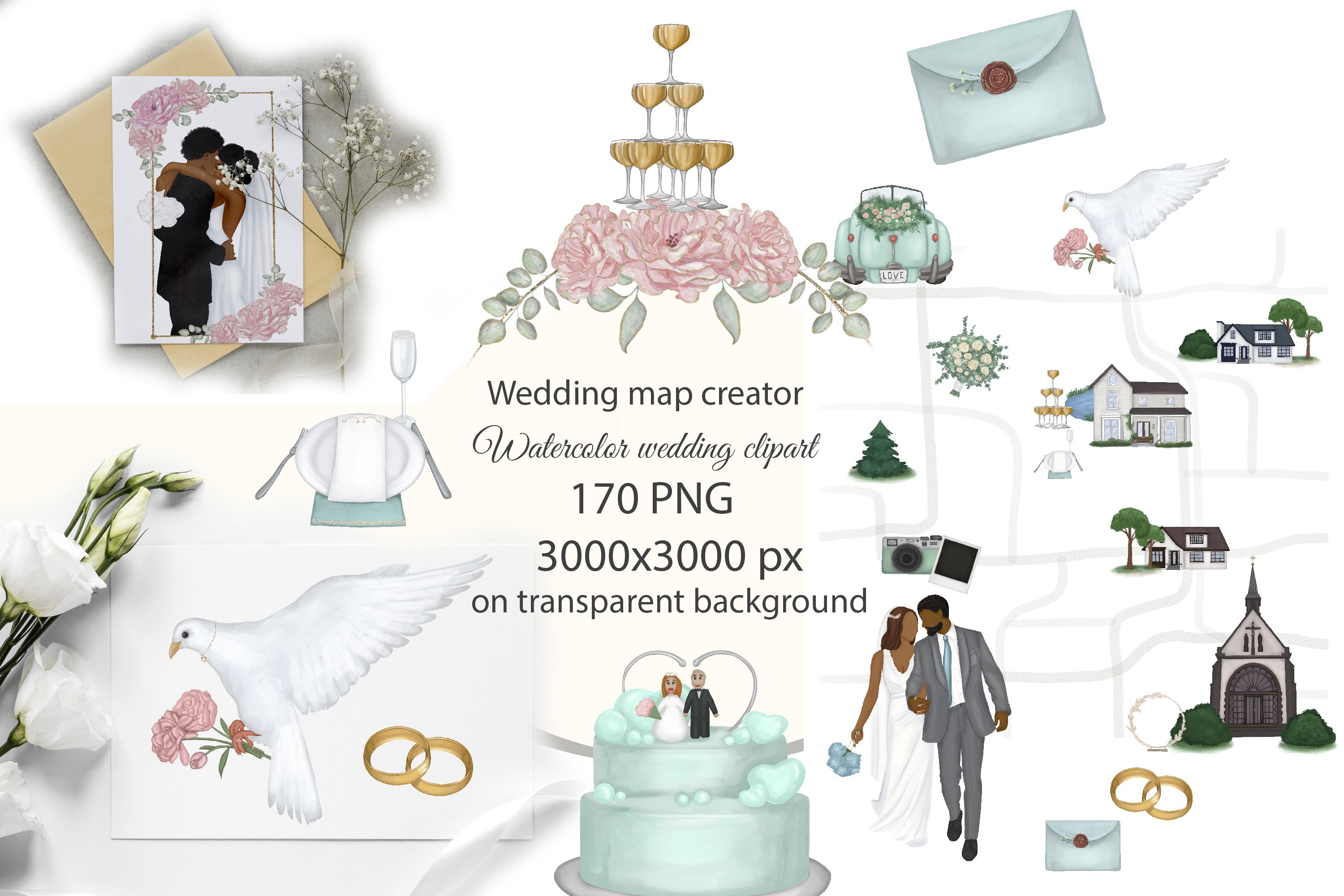 Wedding map creator. Watercolor elegant wedding big clipart.
