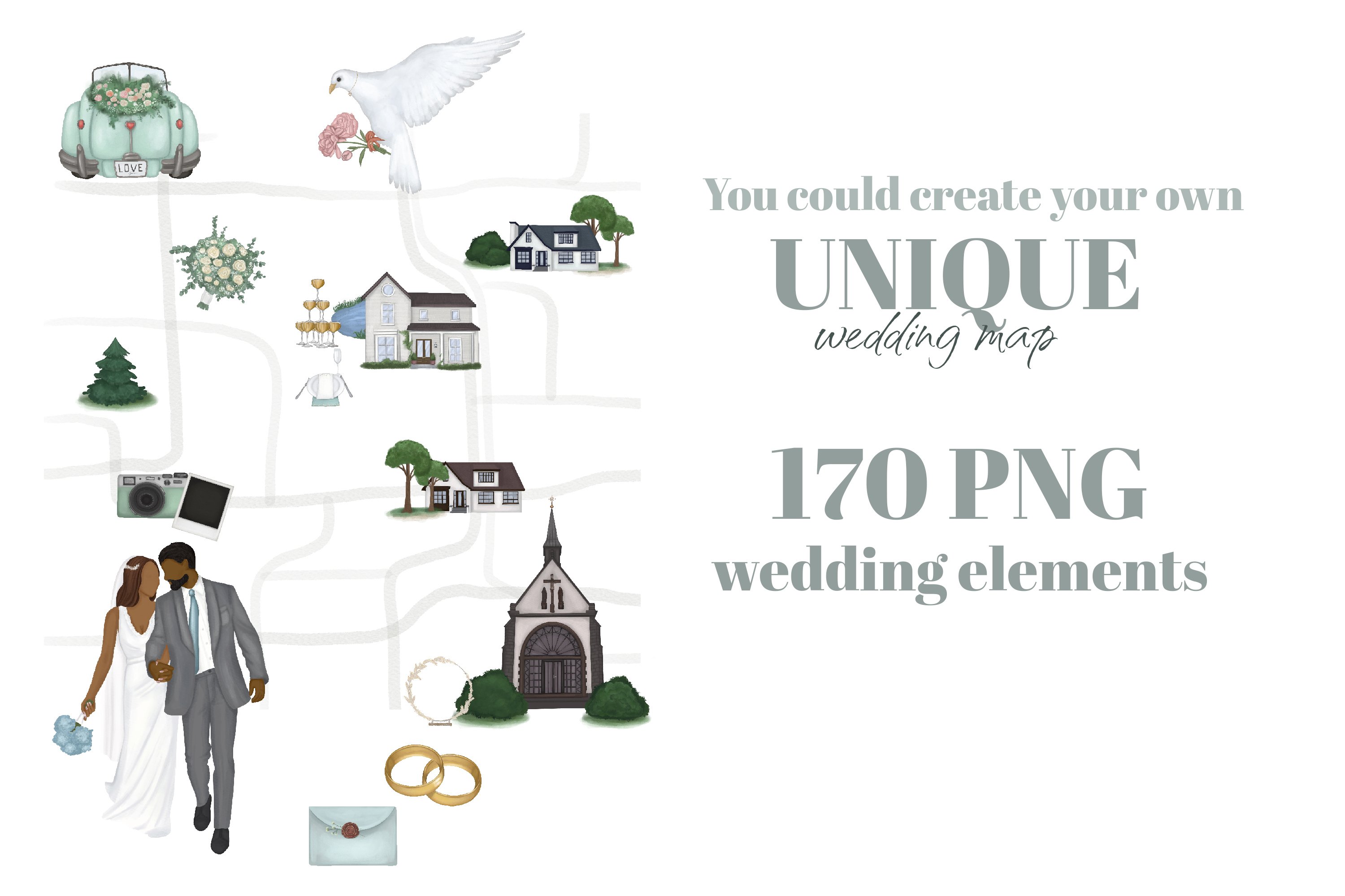 Wedding map creator. Watercolor elegant wedding big clipart. view 2