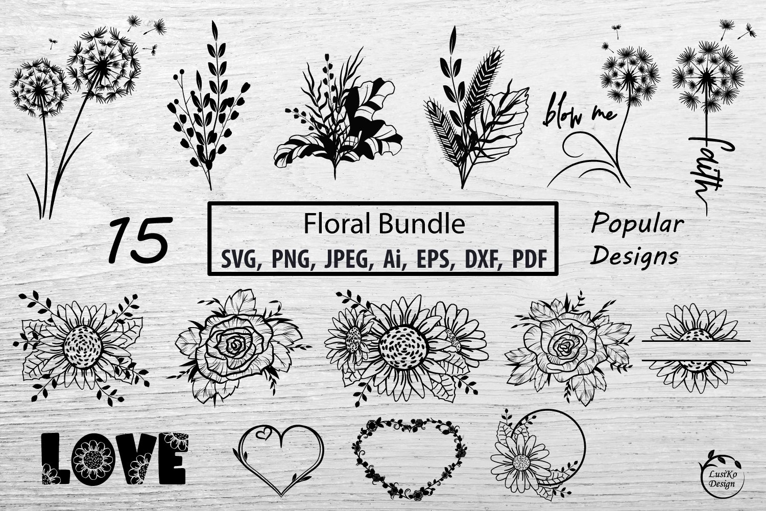 Floral bundle svg png flower dandelion sunflower rose print