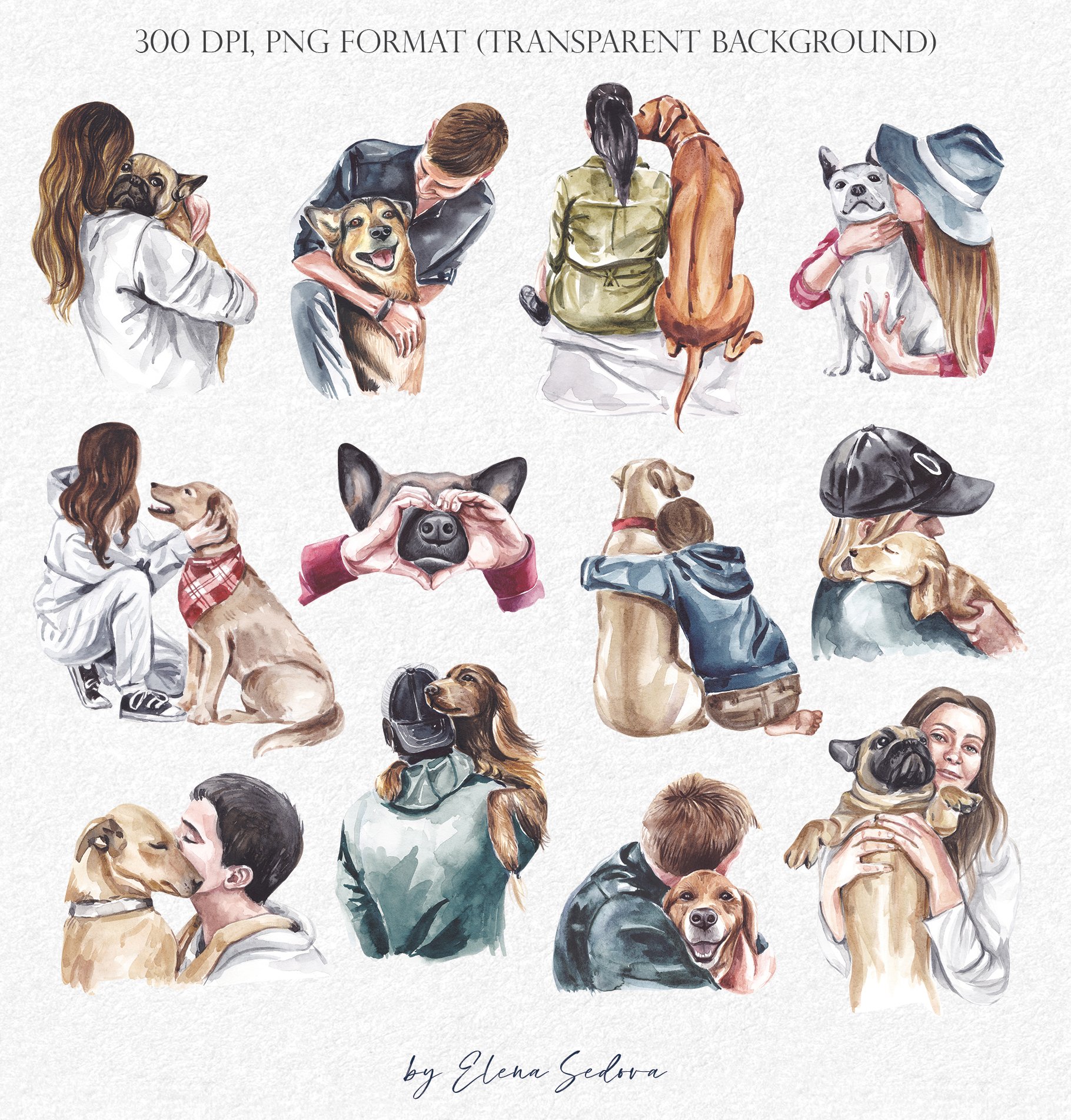 Dog and people watercolor sublimation clipart PNG view 3