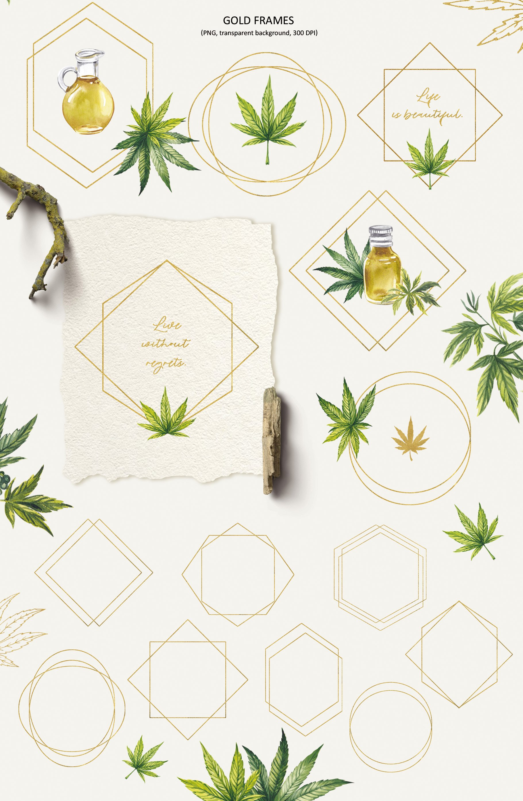 Watercolor Botanical Cannabis sublimation, marihuana PNG view 2