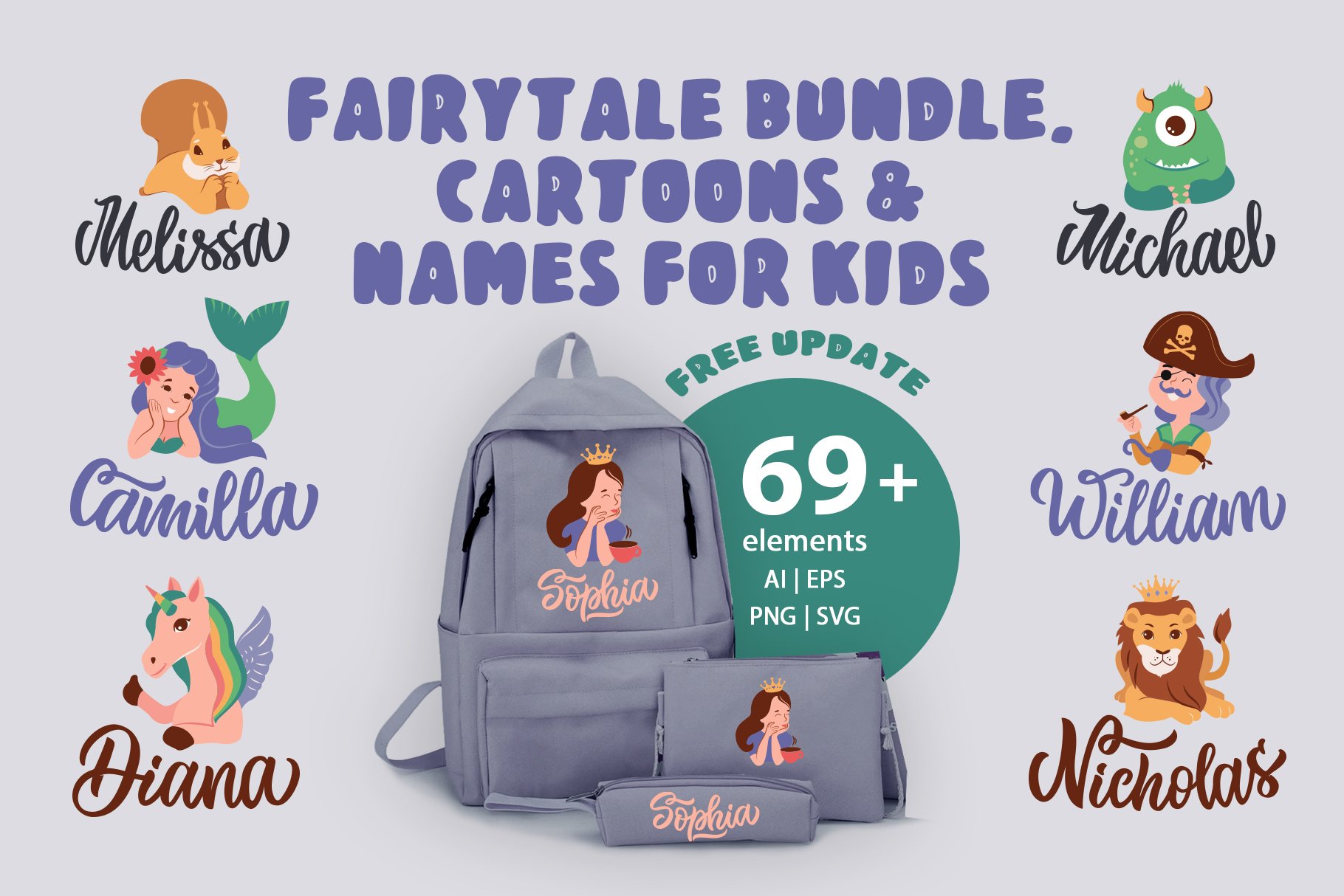 Kid names characters bundle. Cartoon stickers, badges