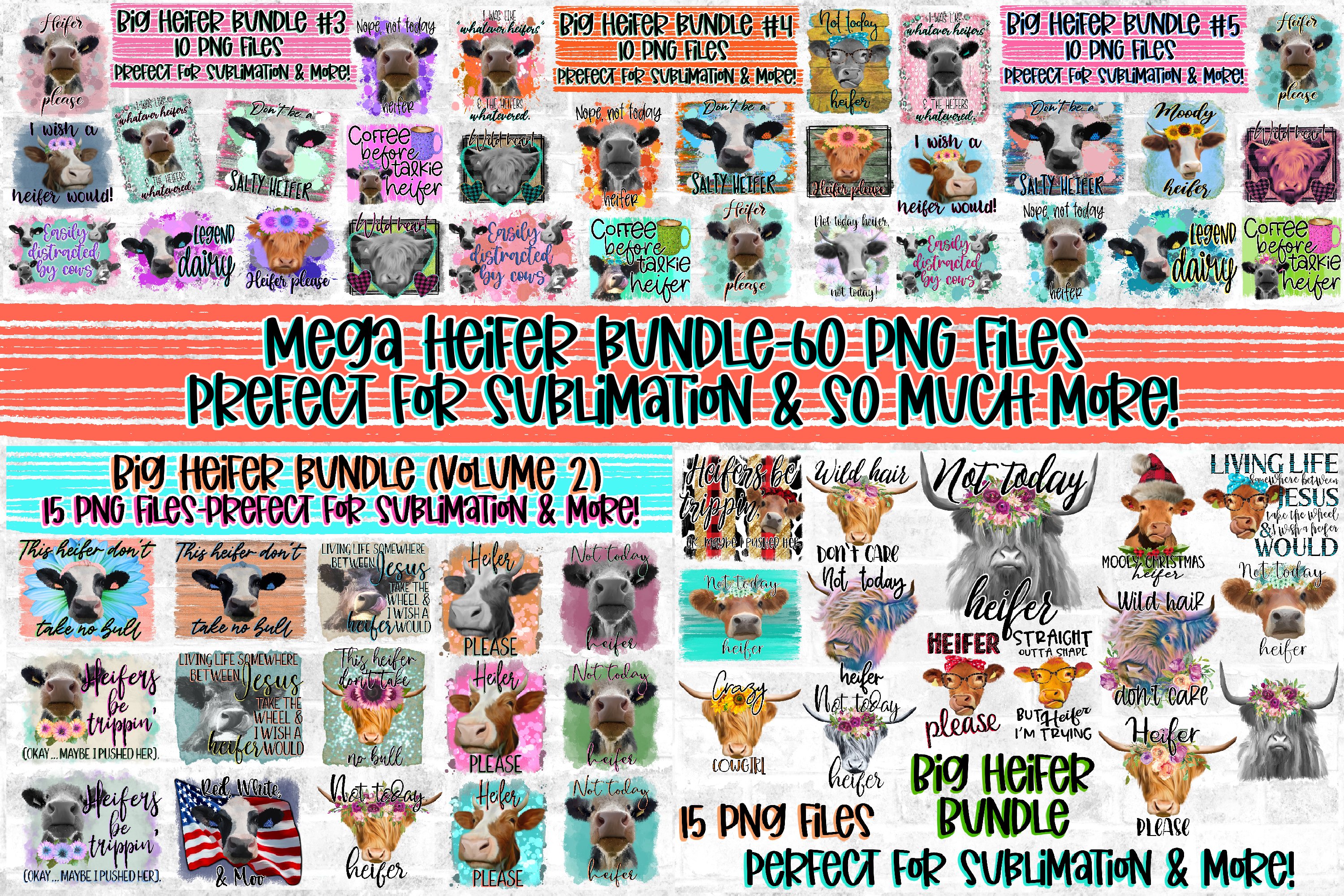 Mega Funny Cow/Heifer Sublimation Bundle|60 PNG File Designs