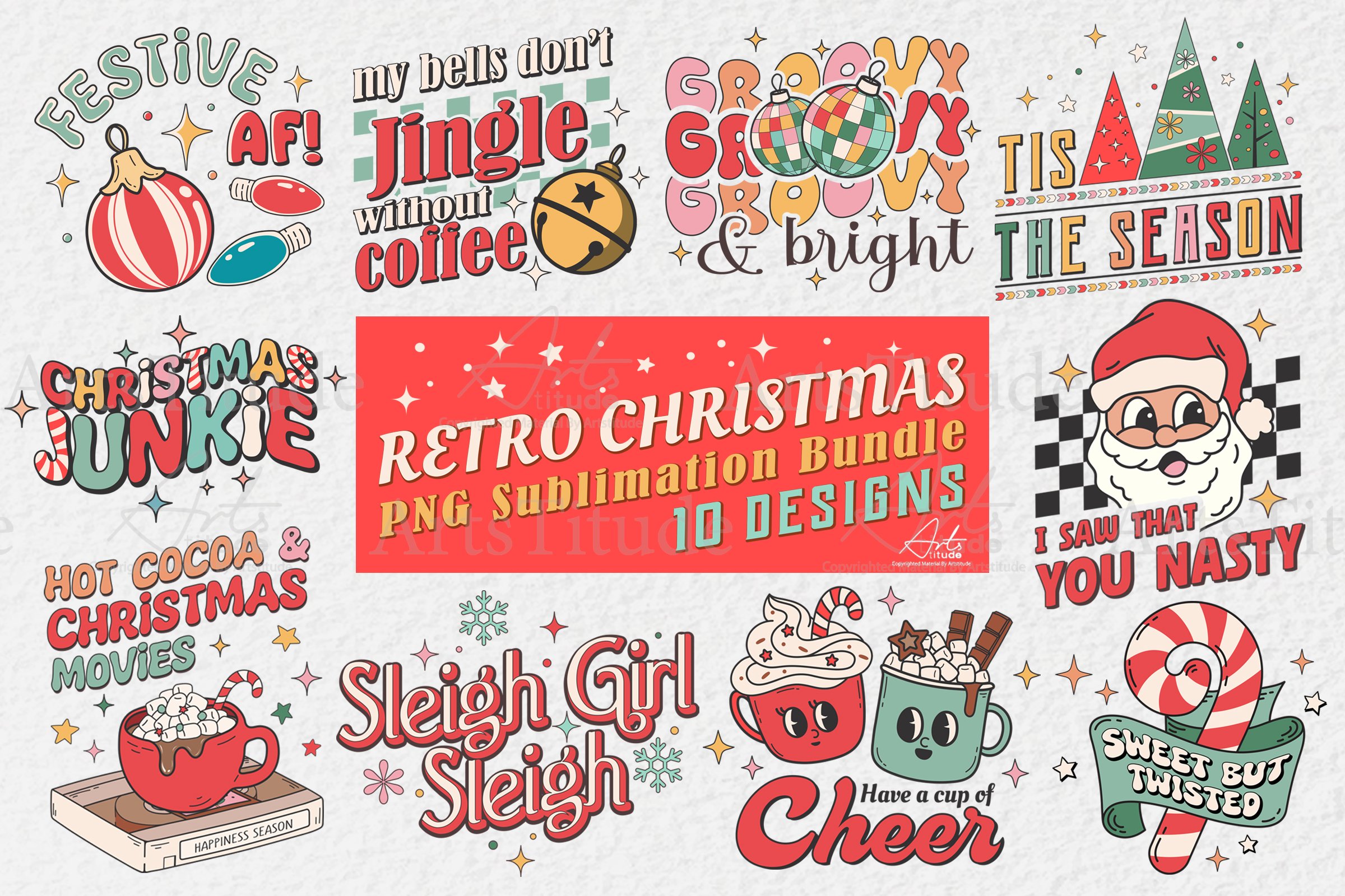 Retro Christmas Bundle PNG Sublimation 10 Designs