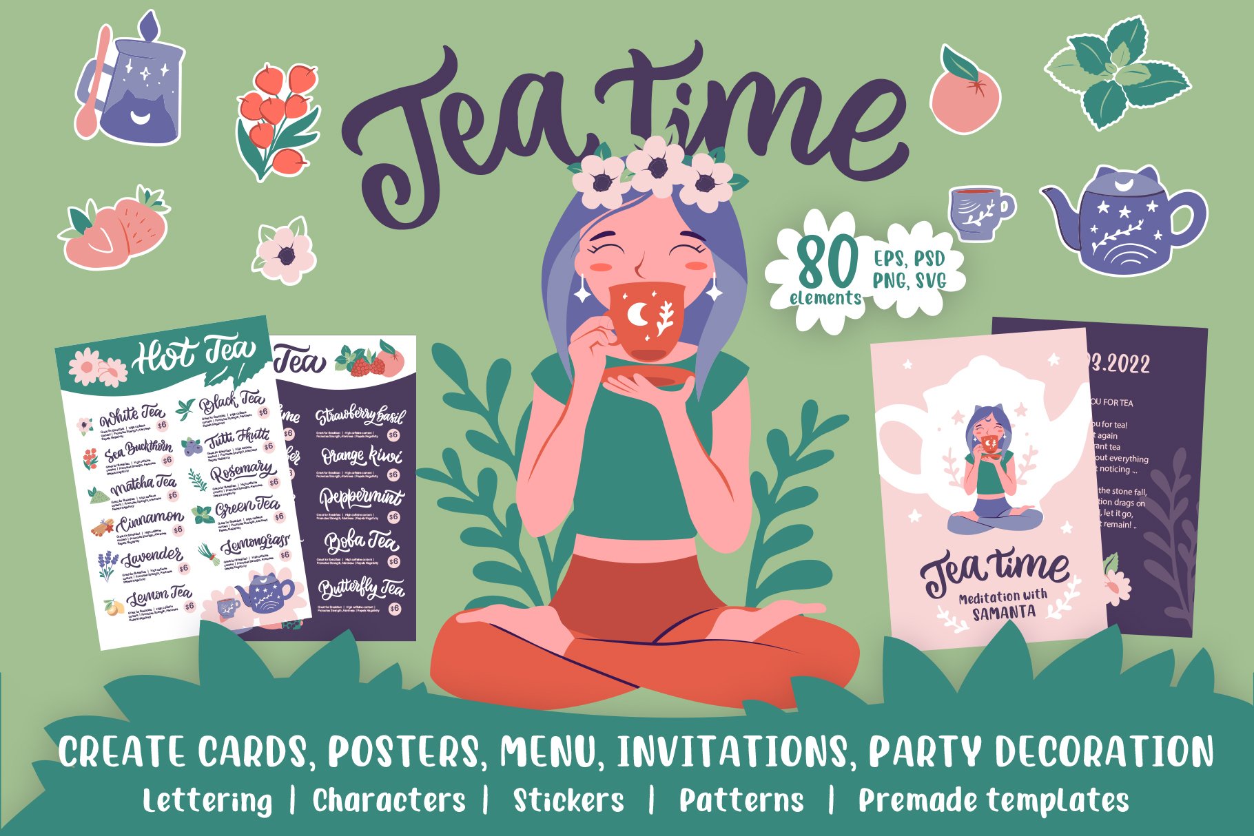 Tea time bundle. Cliparts, stickers, girls drink love tea