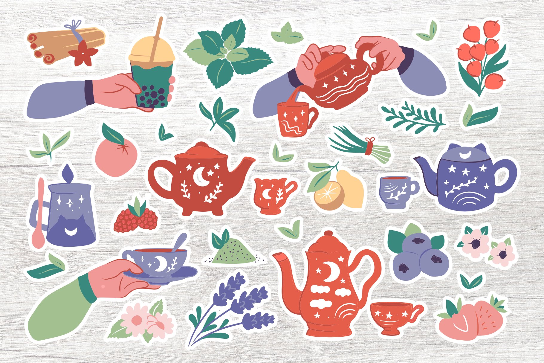 Tea time bundle. Cliparts, stickers, girls drink   love tea view 2