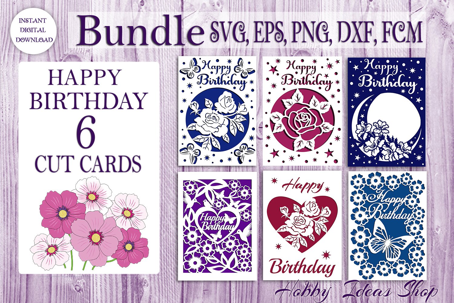 Happy Birthday Card Bundle, 6 Birthday Cards SVG for Cricut