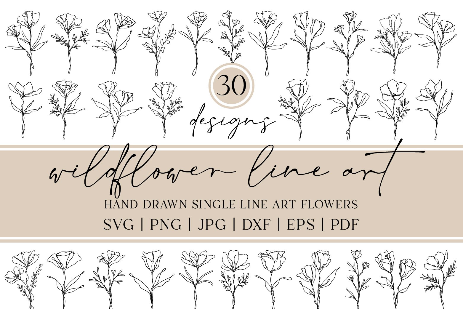 30 Wildflower One Line Art SVG Bundle | Sublimation Clipart