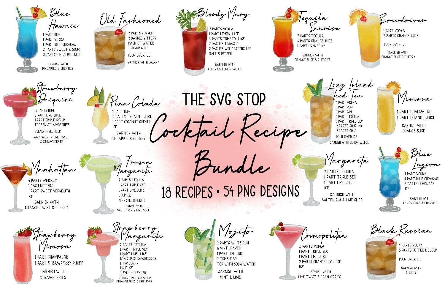 Cocktail Recipe Sublimation Bundle | Kitchen Towel PNG