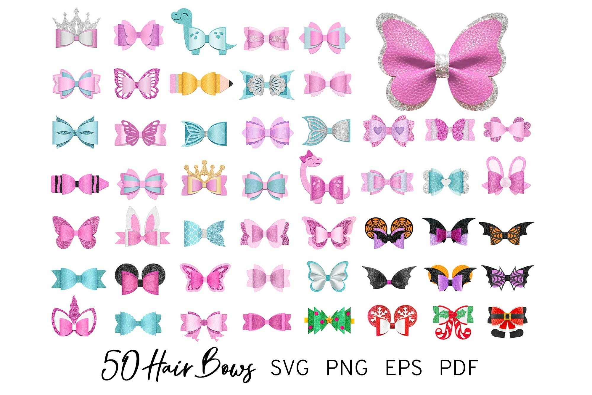 50 Bow Bundle SVG, Hair Bow Collection SVG, Bow Template Svg