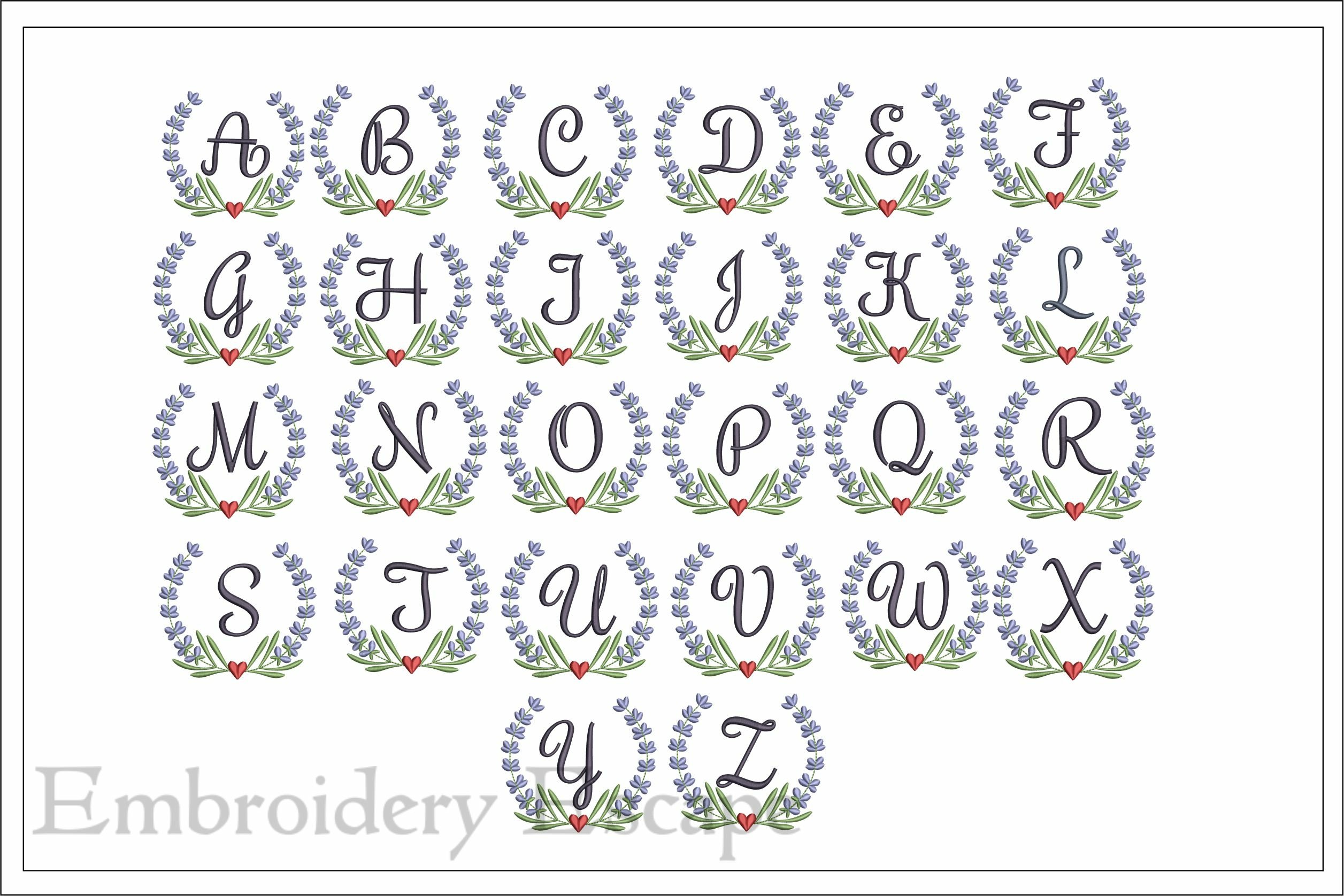 Lavender wreath alphabet embroidery, floral letters