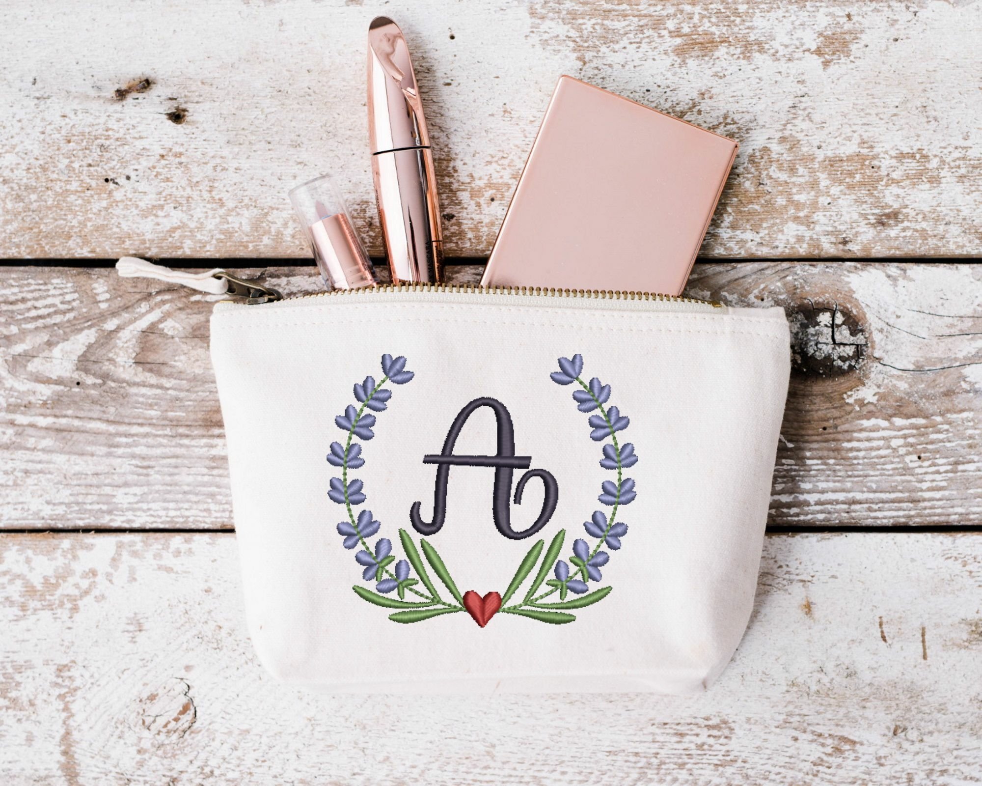 Lavender wreath alphabet embroidery, floral letters view 3