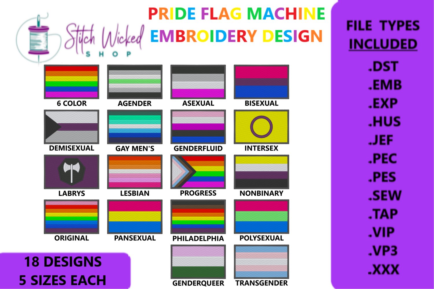 Pride Flags Machine Embroidery Design Bundle, 18 Designs