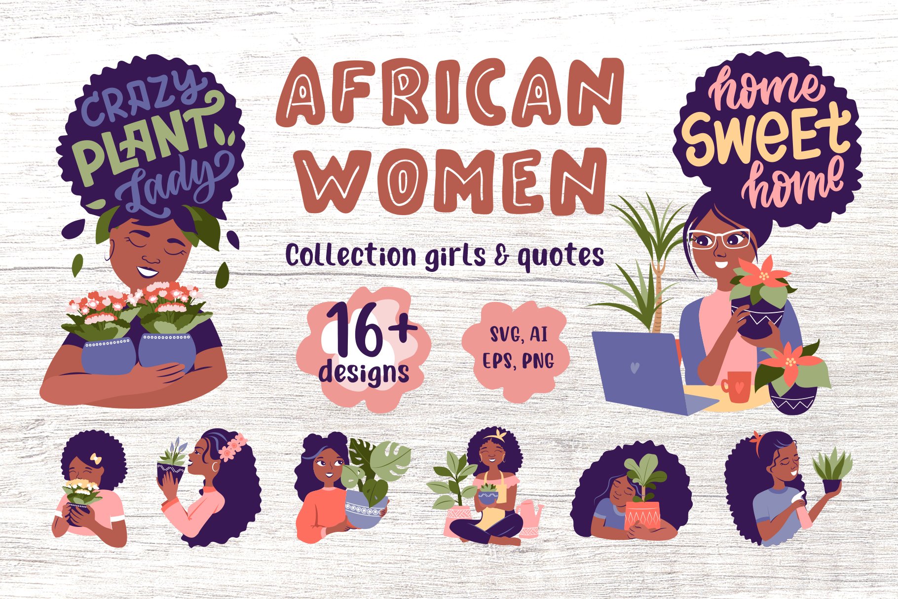 Black women   girls bundle. Lady plant stickers, design
