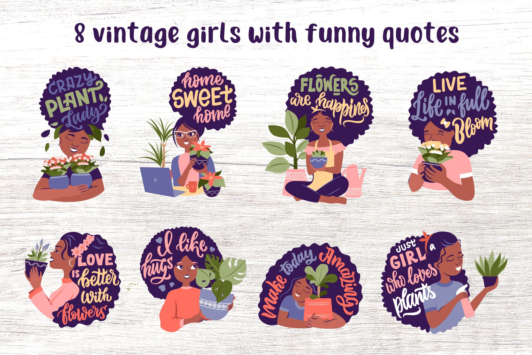 Black women   girls bundle. Lady plant stickers, design view 3