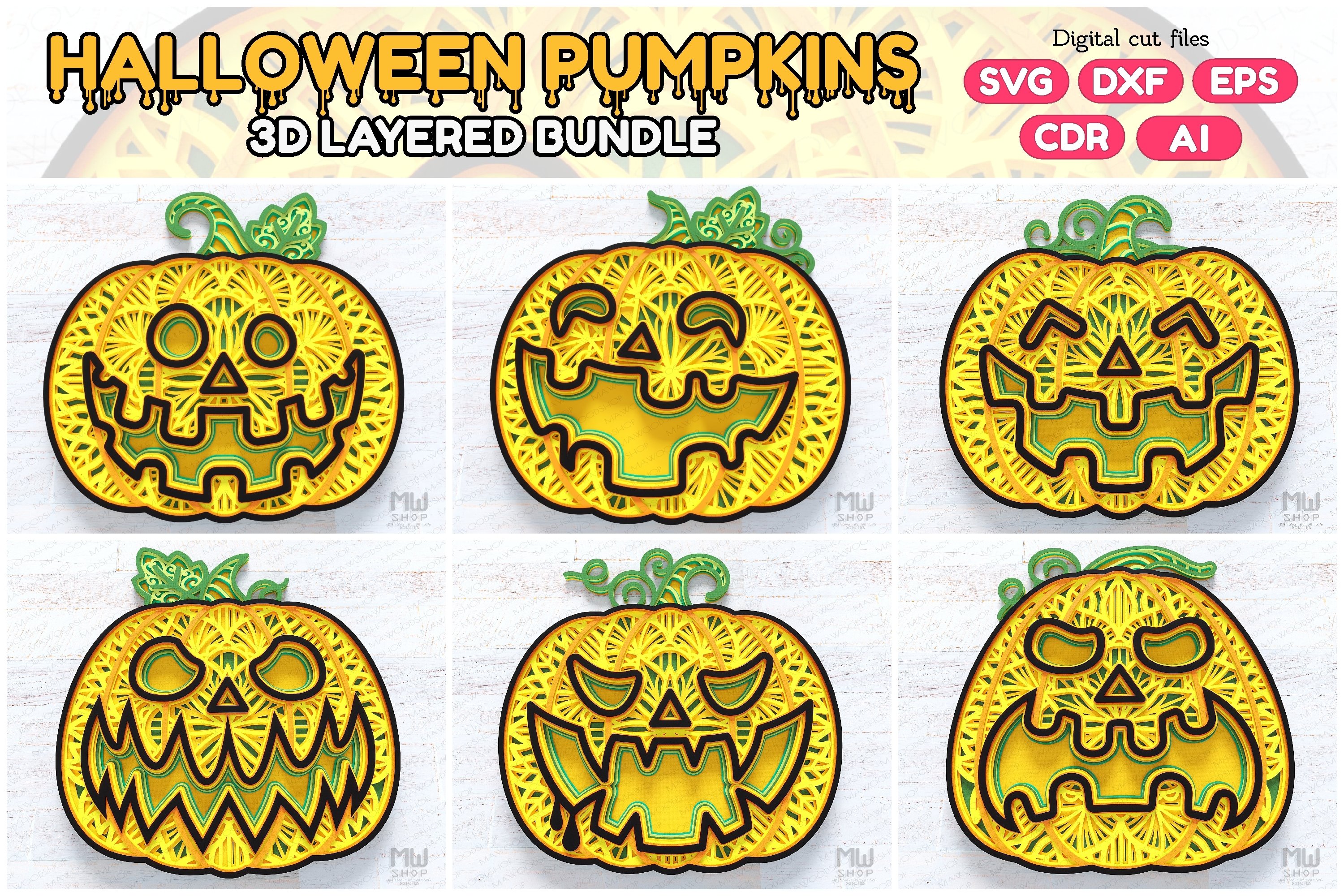 3D SVG Pumpkins Bundle, Layered Halloween Bundle SVG DXF