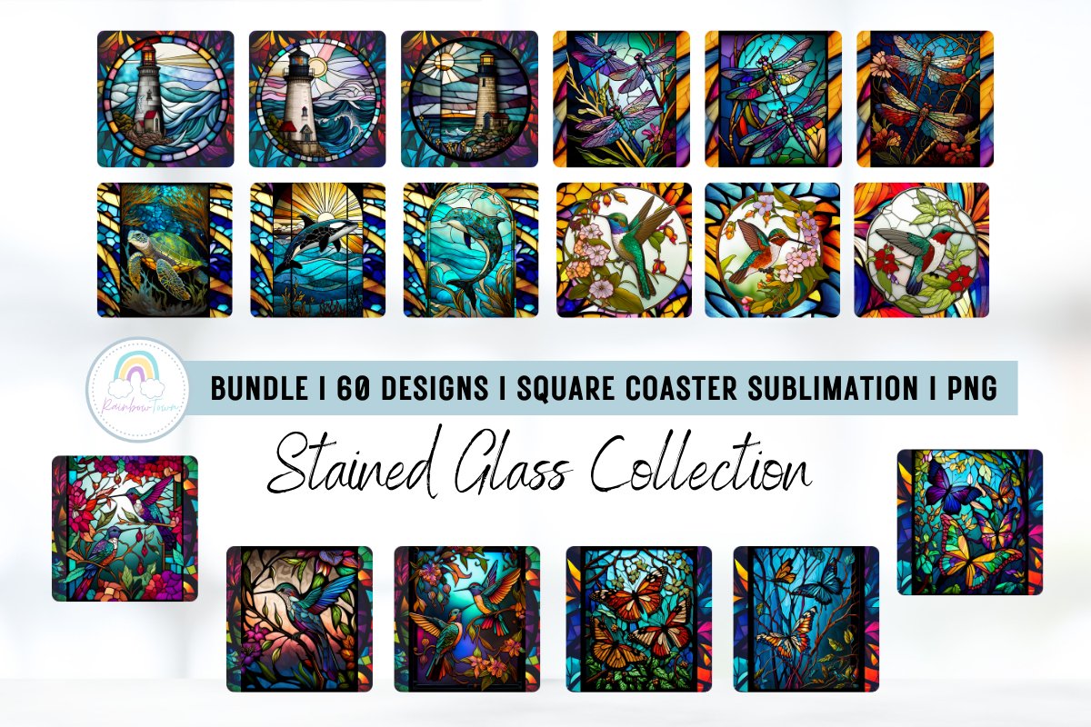 BUNDLE Stained Glass Square Coaster Sublimation Designs PNG