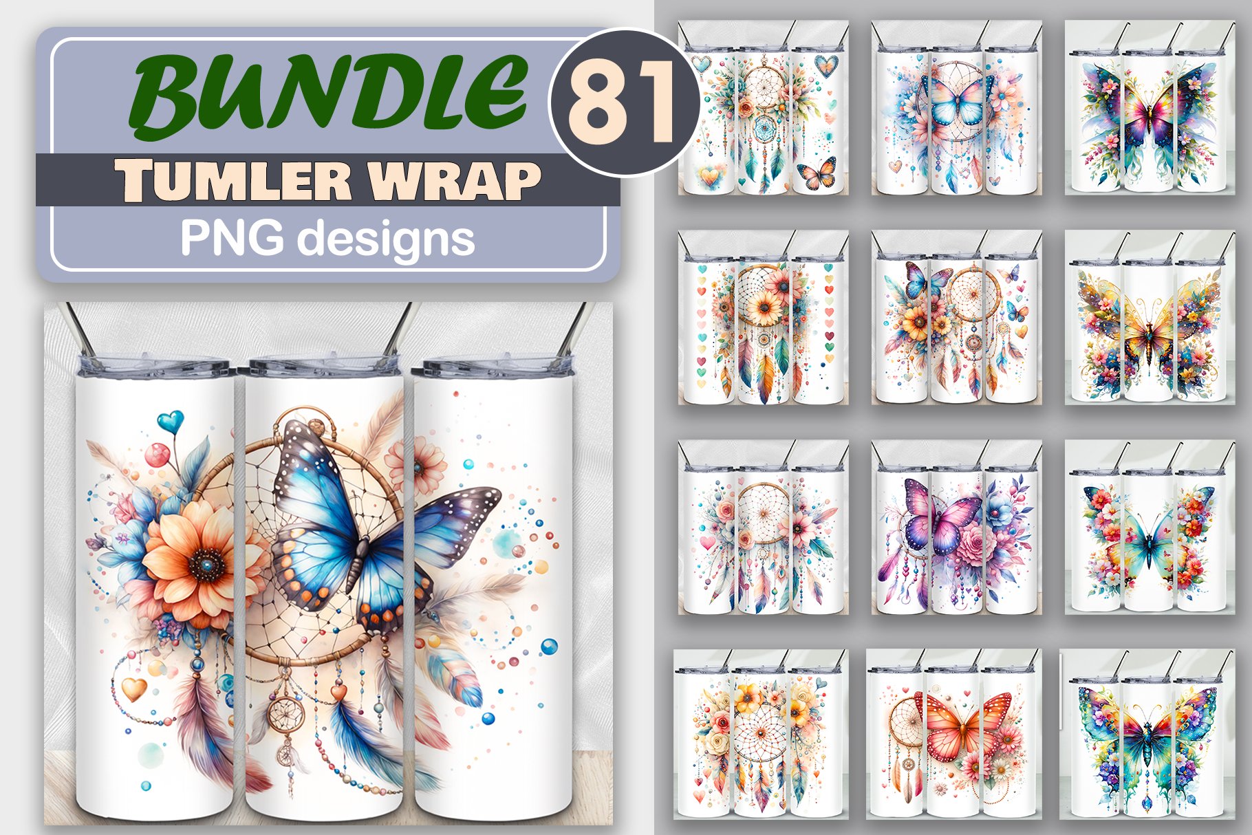 Butterflies and Dreamcatchers 20oz tumbler wrap Sublimation