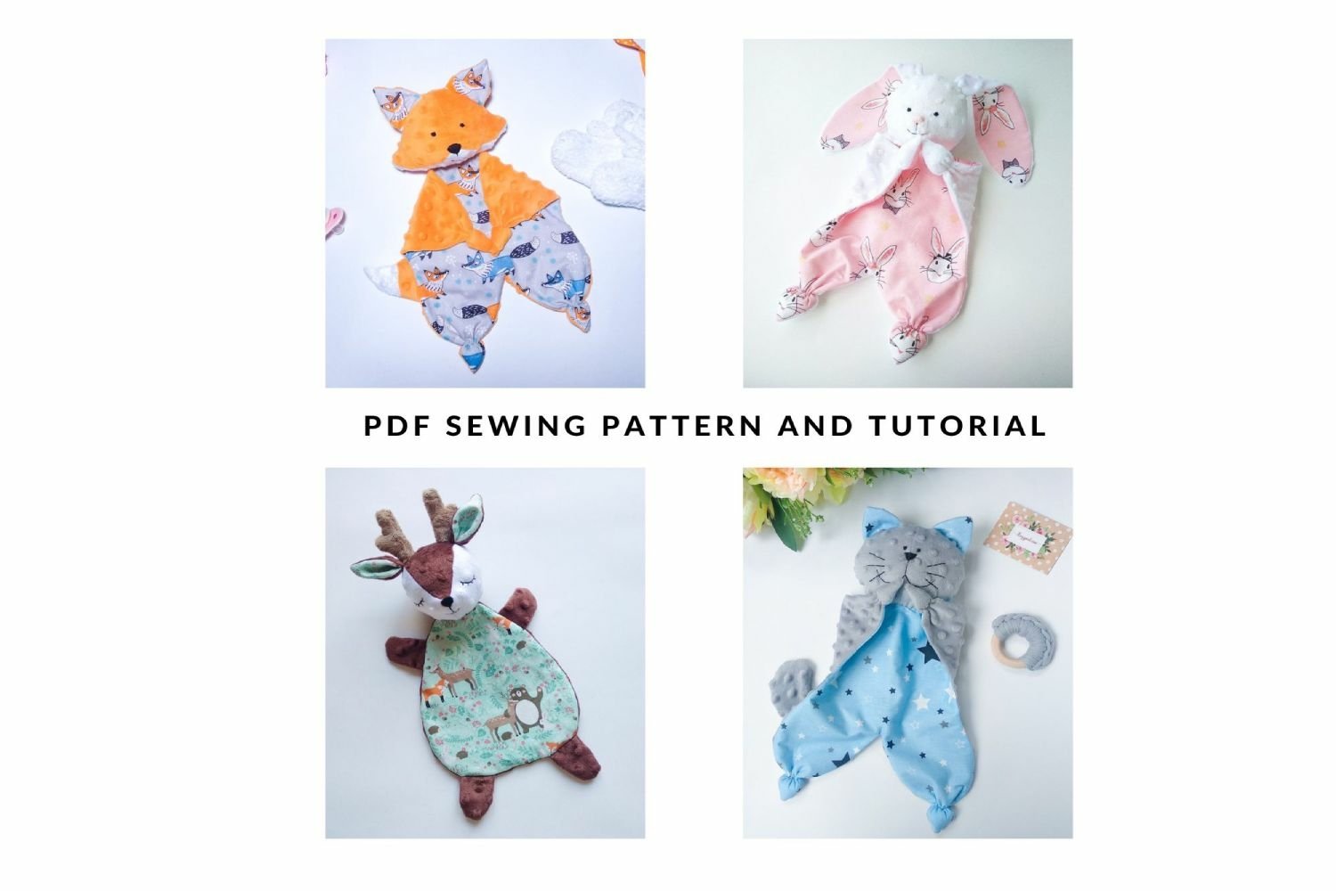 Set of 4 sewing patterns: Fox, Cat, Deer and Bunny