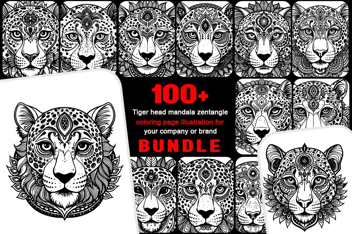 Tiger head mandala zentangle coloring page illustration