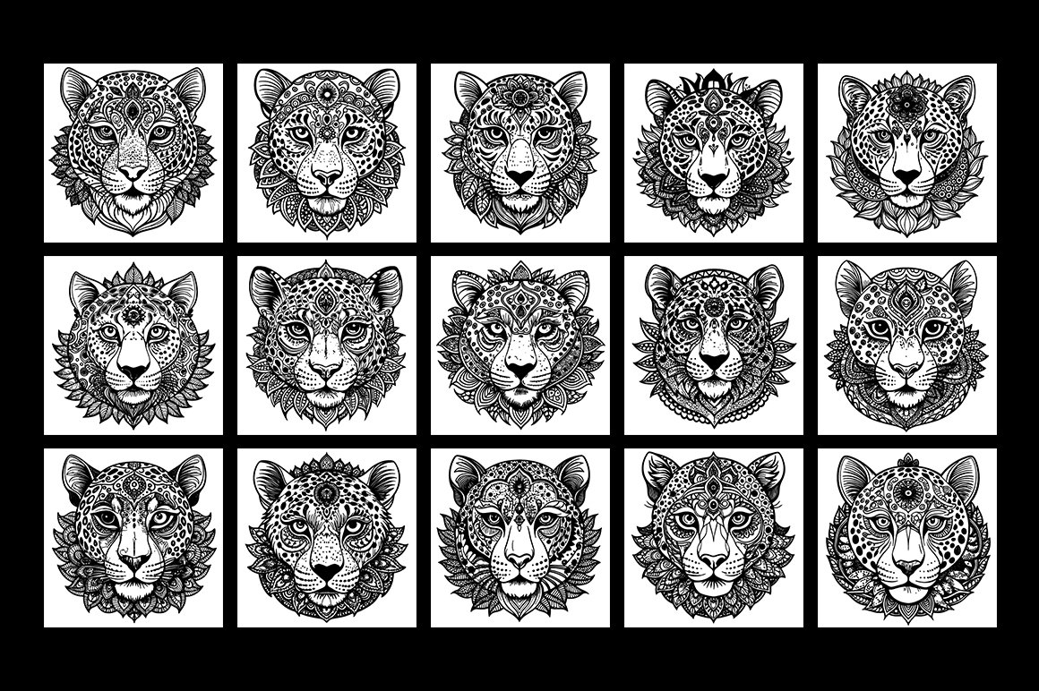 Tiger head mandala zentangle coloring page illustration view 3