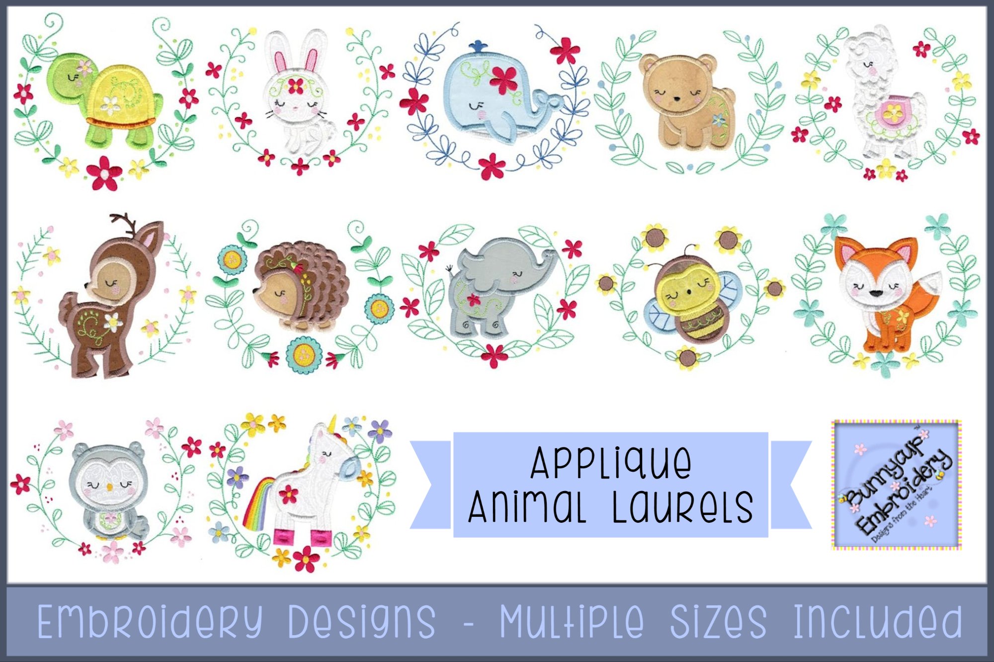 Applique Animal Laurels- 12 Machine Embroidery Designs