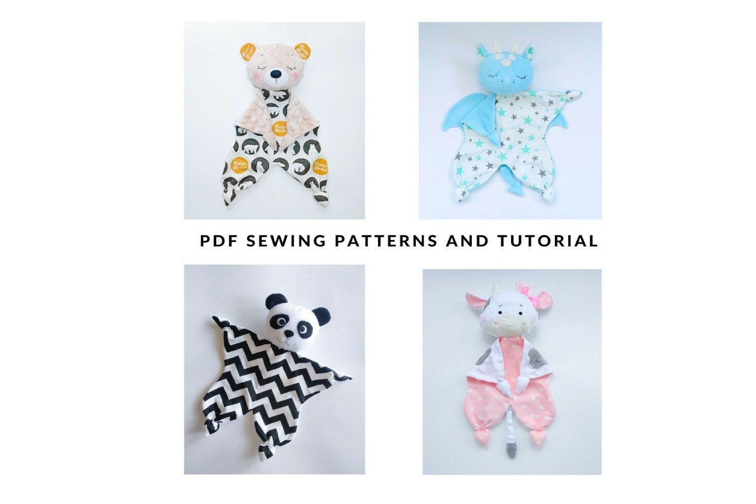 Set of 4 toy sewing patterns: Bear,Dragon,Cow and Panda