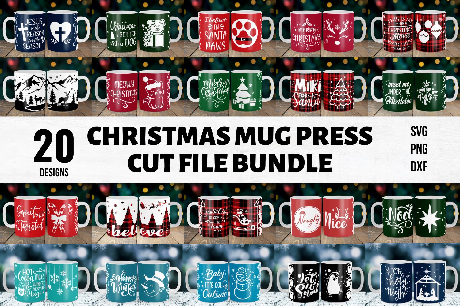 20 Christmas Mug Press SVG and PNG Designs