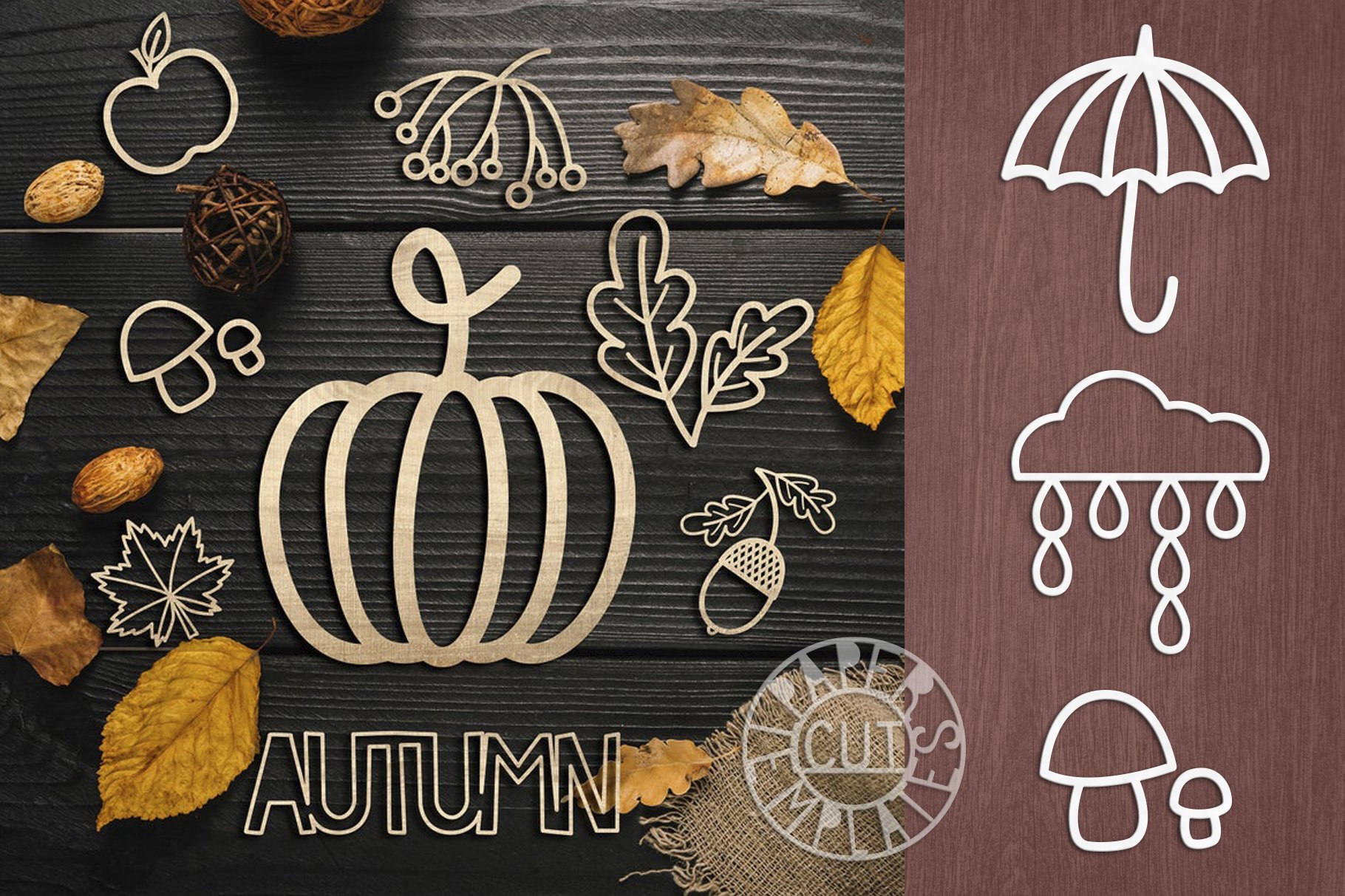 SVG Set of autumn elements for laser cut, Cricut, plotter. view 2