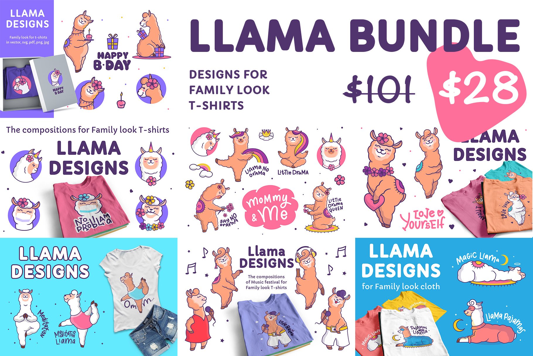 Bundle of Llamas. Llama sublimation. T-shirt designs
