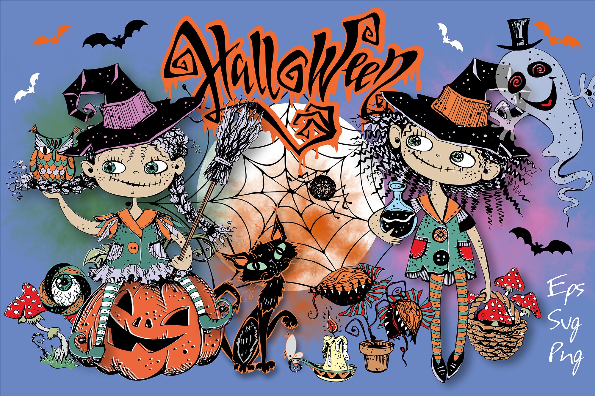 Halloween. Cute little witches. Eps Png Svg