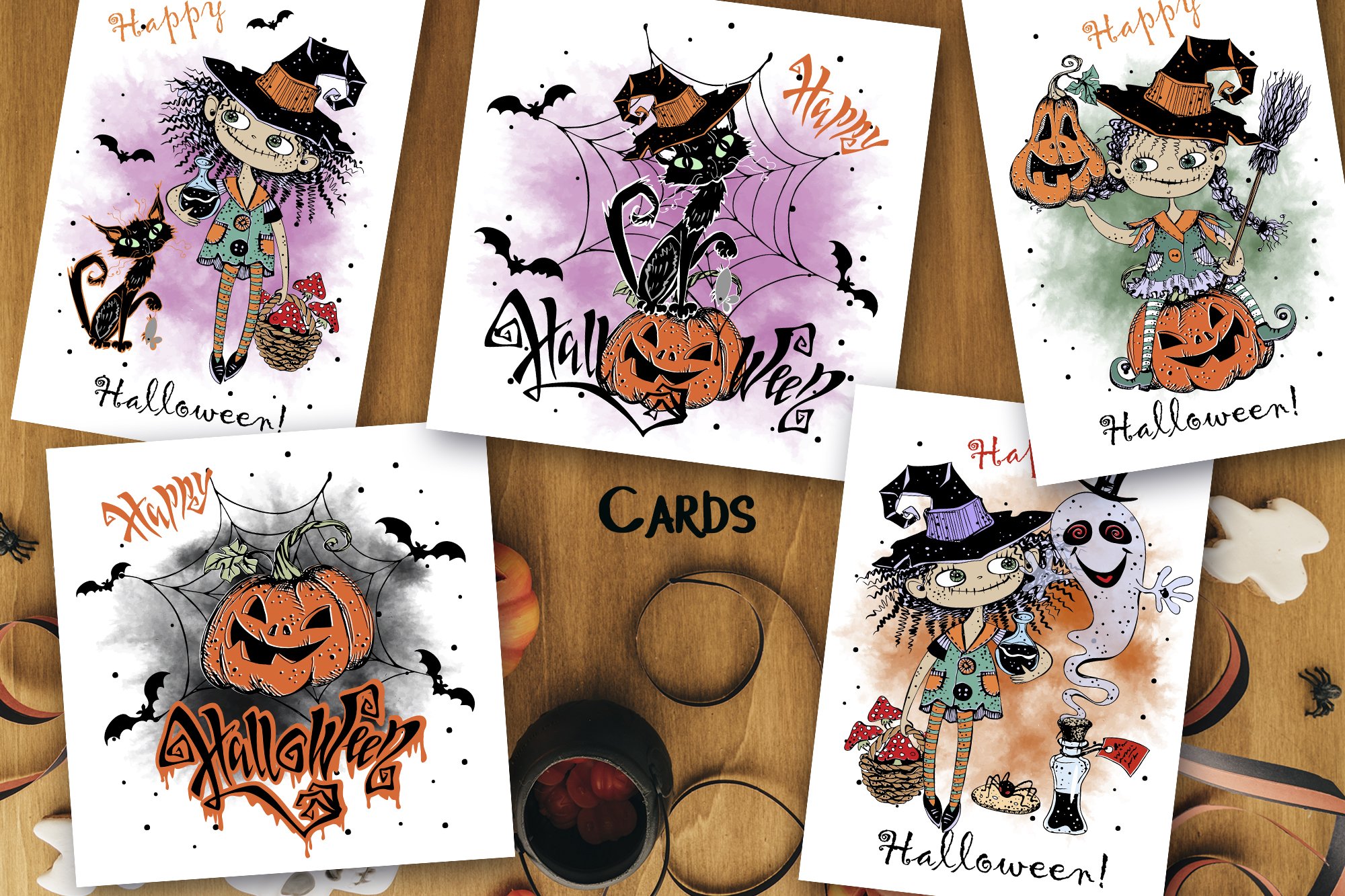 Halloween. Cute little witches. Eps Png Svg view 2