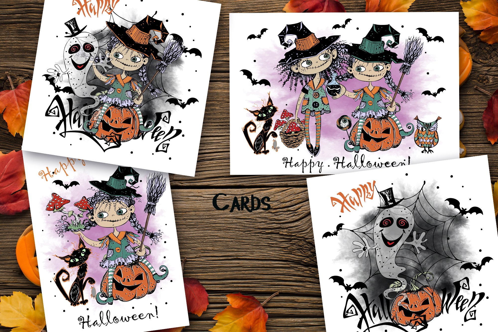 Halloween. Cute little witches. Eps Png Svg view 3