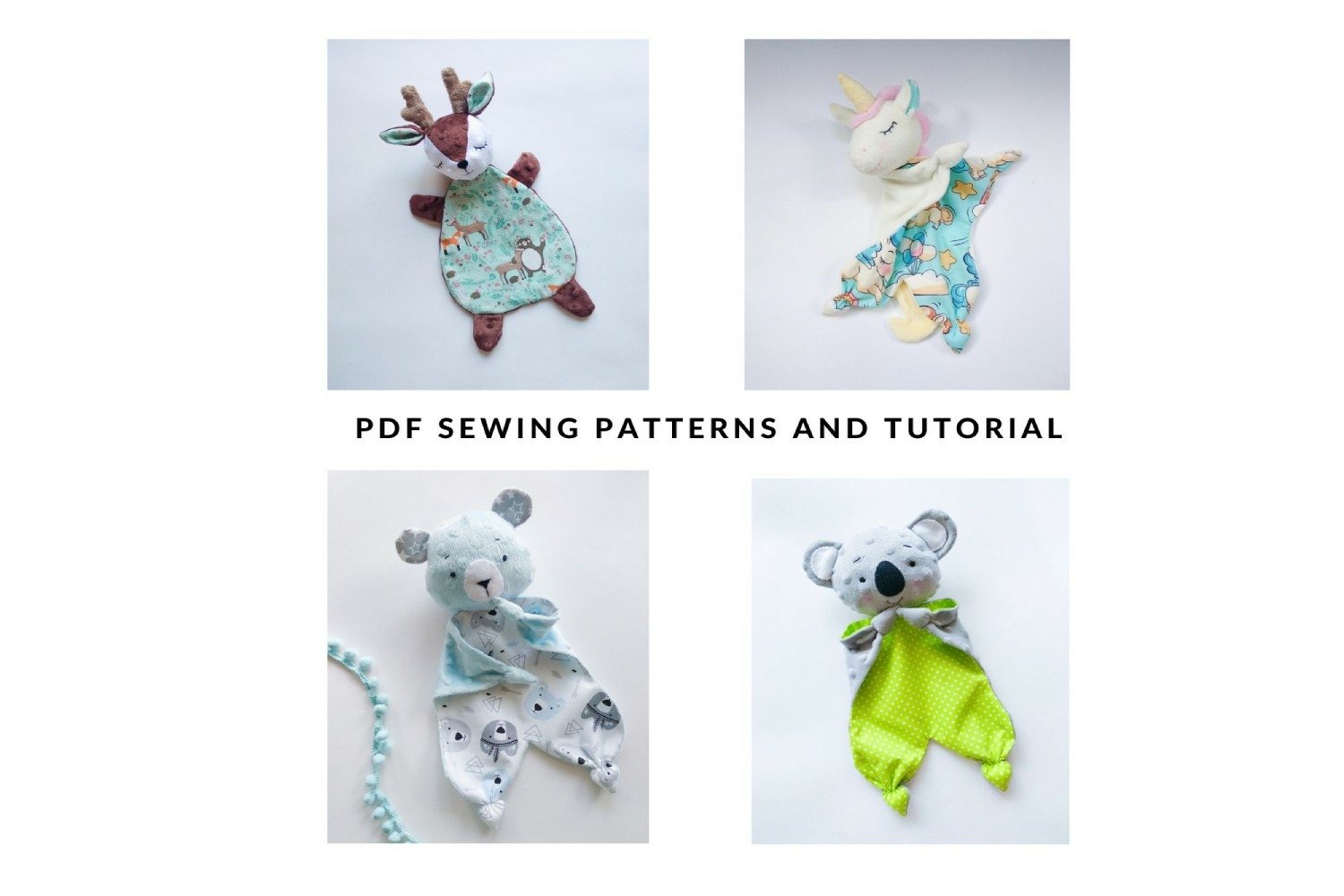 Set of 4 sewing patterns: Deer, Unicorn,Bear and Koala