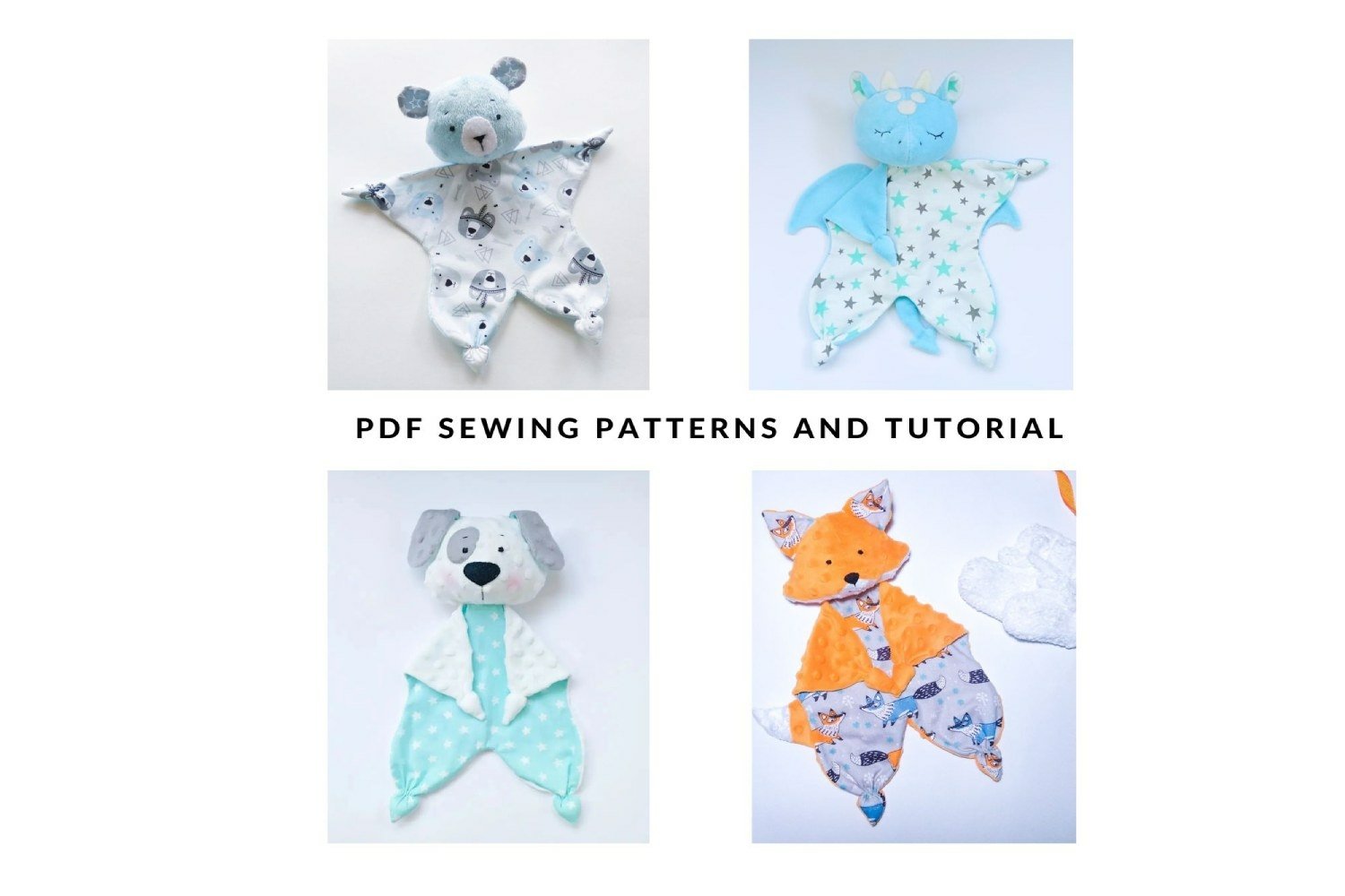 Set of 4 toy sewing patterns: Bear,Dragon,Puppy and Fox