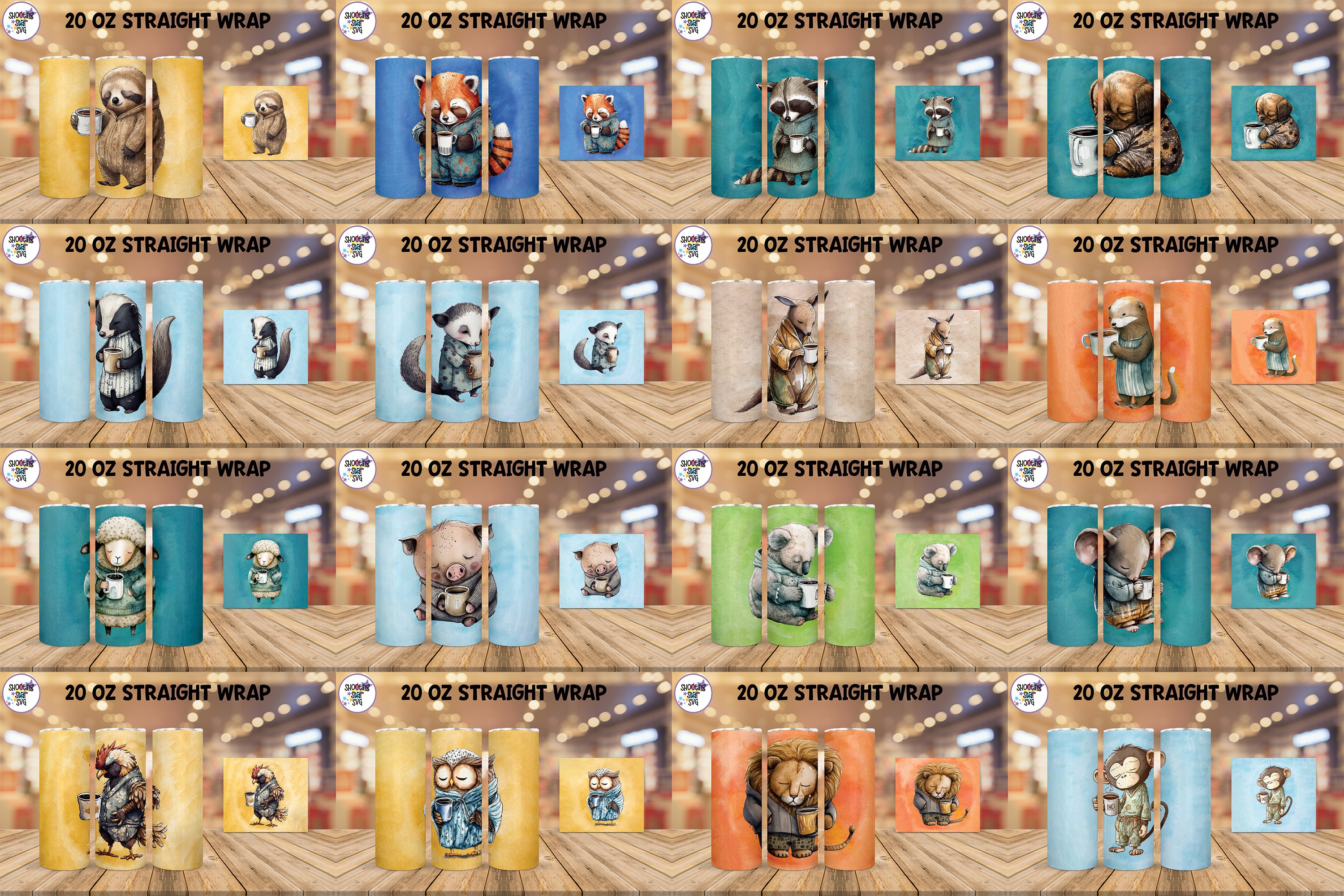 Watercolor Sleepy Animals Sublimation Tumbler Wrap Bundle view 2